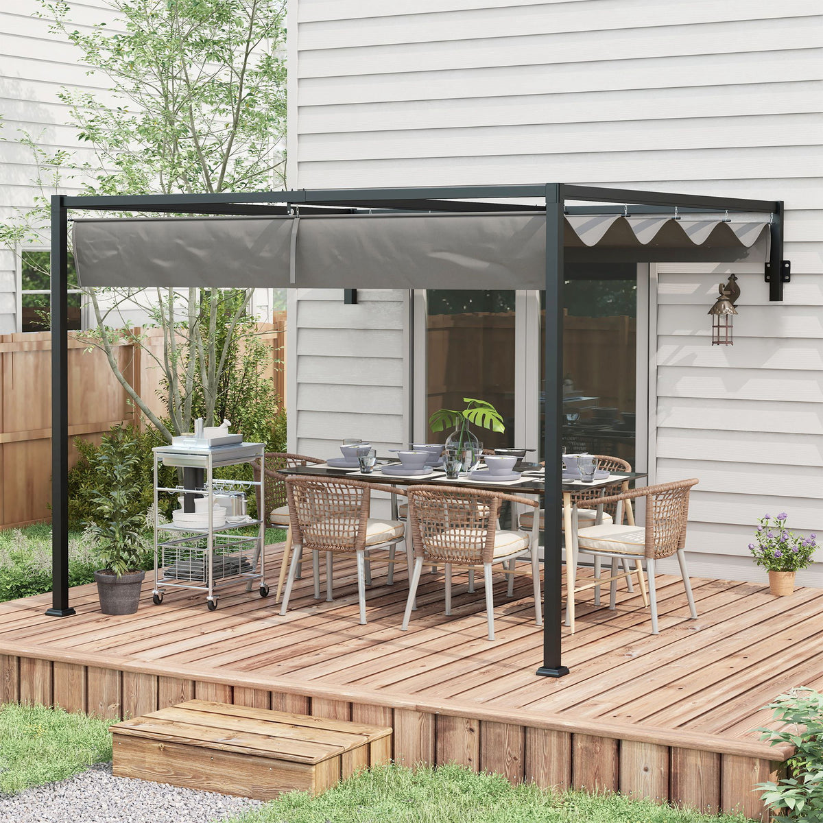 10' x 7' Lean To Pergola, Metal Pergola with Retractable Roof for Grill, Garden, Patio, Deck
