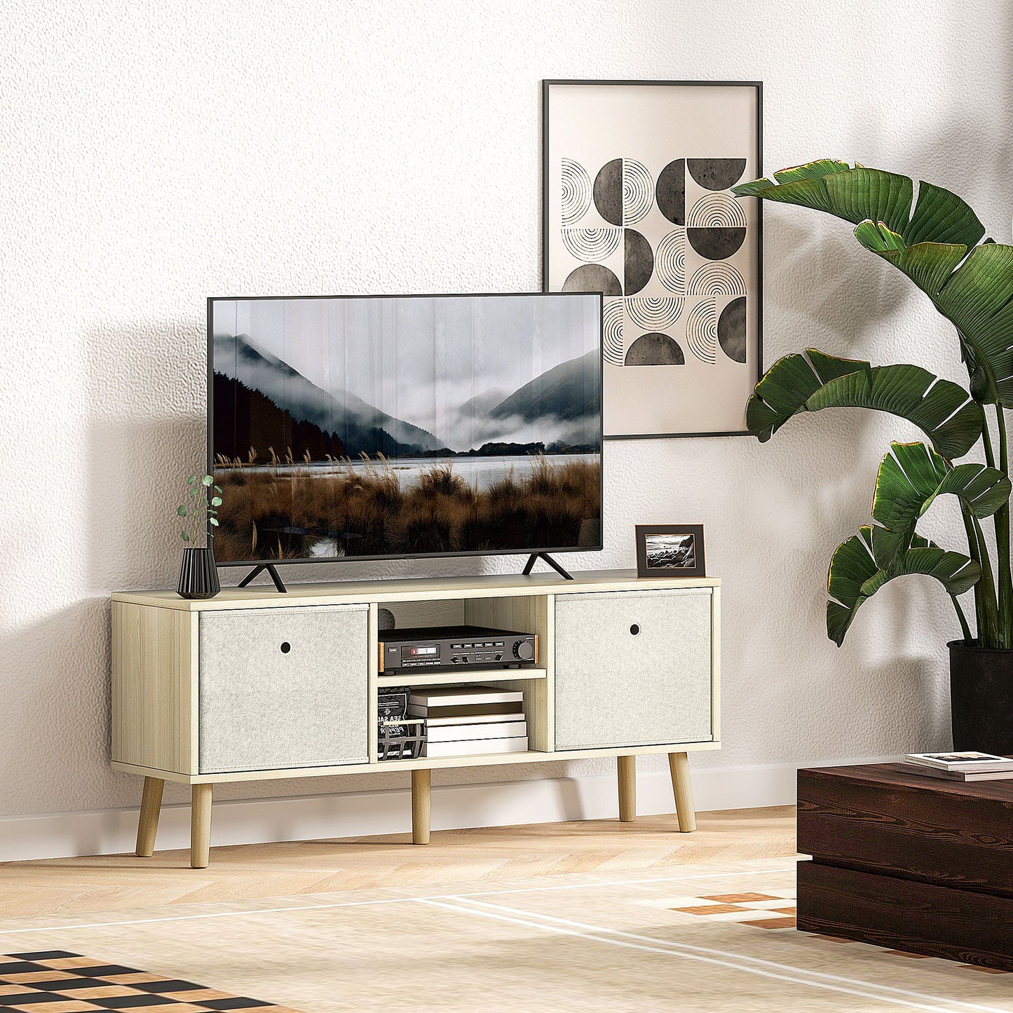 Modern TV Stand Cabinet with Foldable Drawers and Shelves for Living Room, Bedroom, Natural
