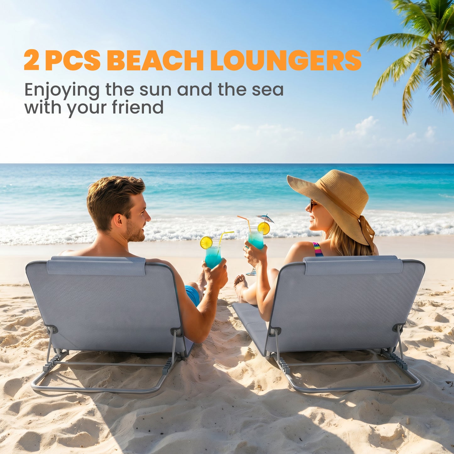 2 Pieces Beach Lounge Chair, Outdoor Folding Chaise Lounge Set w/ Pillow for Sunbath, Snap, Beige