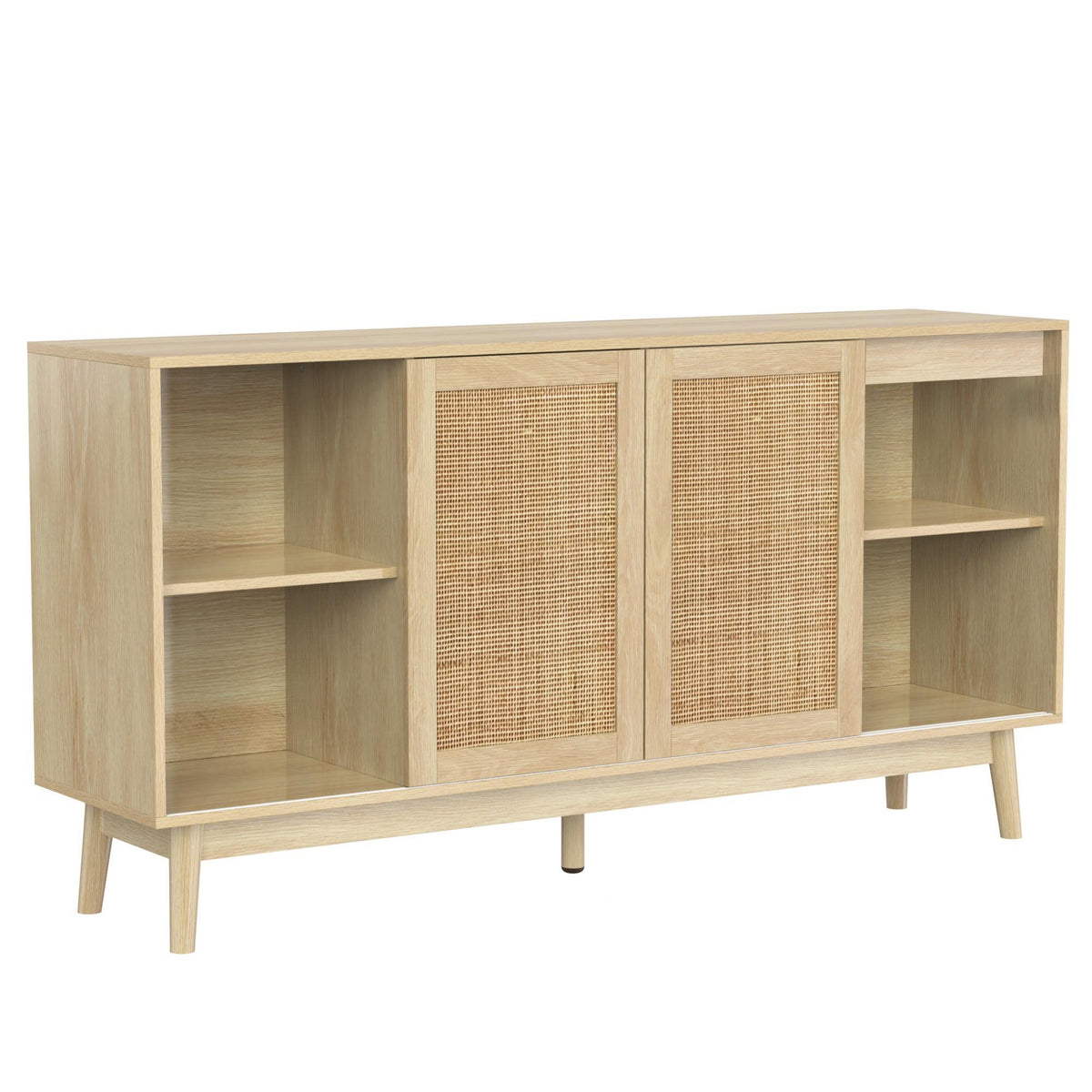 Versatile Sideboard with 3 Sliding Doors and 2 Drawers for Large Storage, Sturdy Cabinet with Solid Wood Legs, 61'' L x 14'' W x 31.5'' H, Wood