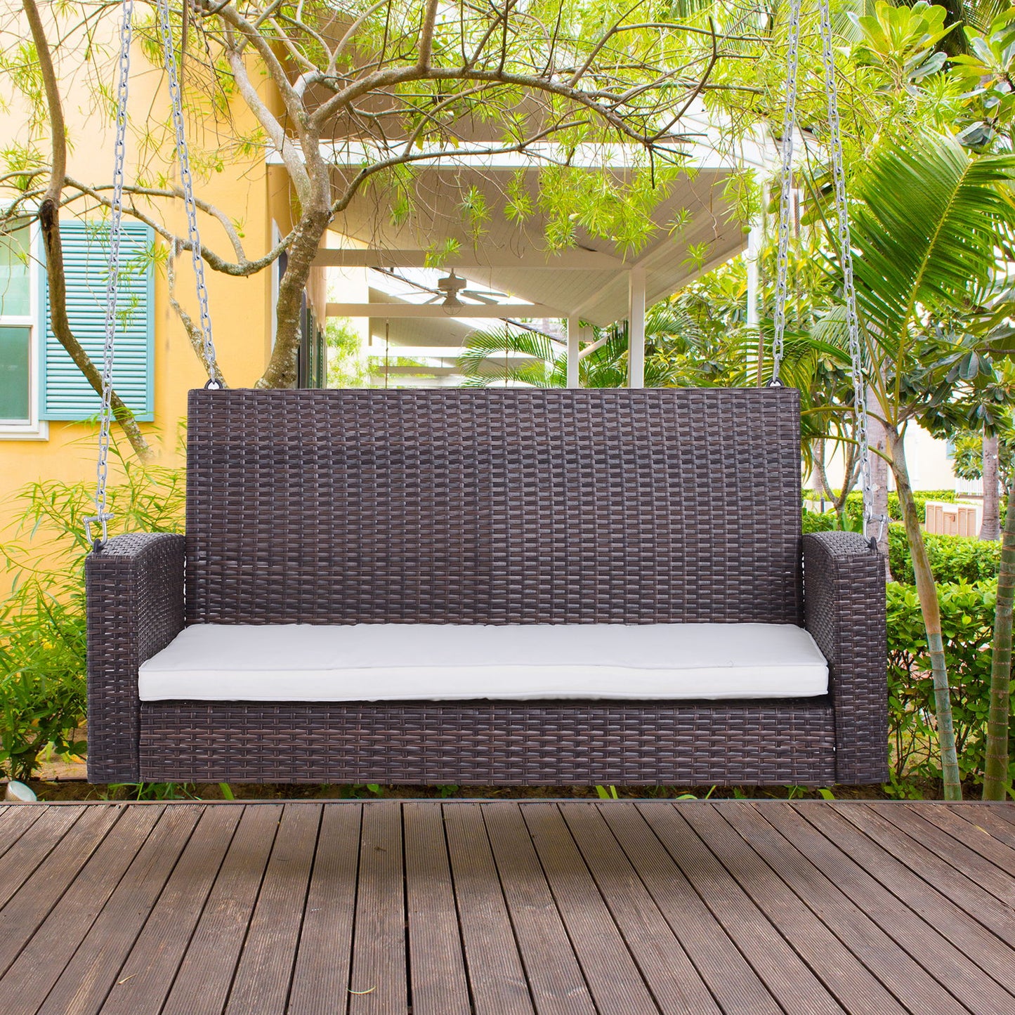 2-Person Patio Porch Swing Chair, Outdoor Rattan Hanging Bench with Cushion & 7.2 ft Steel Chains, Beige