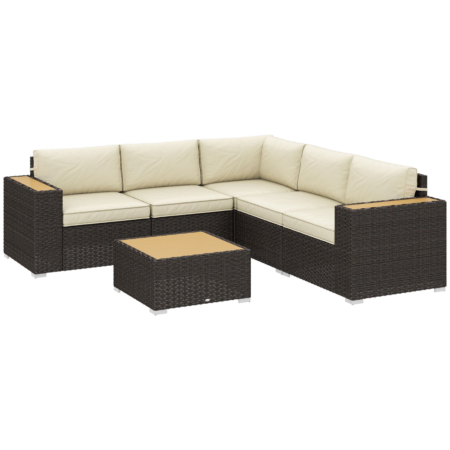 6 Pieces Outdoor Rattan Patio Furniture Set with Corner Sofa, Wood-Plastic Coffee Table, Light Khaki