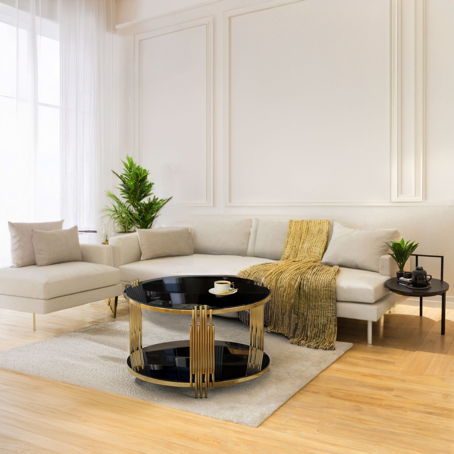 Modern Asymmetrical Coffee Table with Black Mirror Top, Circular Metal Drum Base and Lower Shelf, 31.5" L x 31.5" W x 20" H, Black