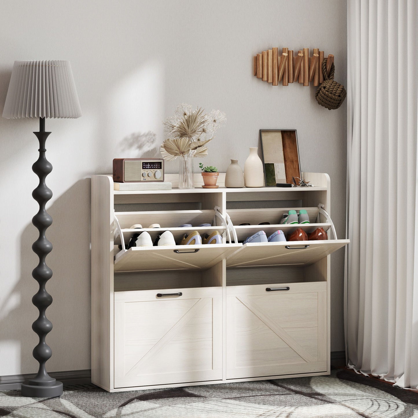 Narrow Shoe Storage Cabinet with 4 Flip Drawers, Adjustable Shelves, 16 Pair Farmhouse Shoe Cabinet, White Oak