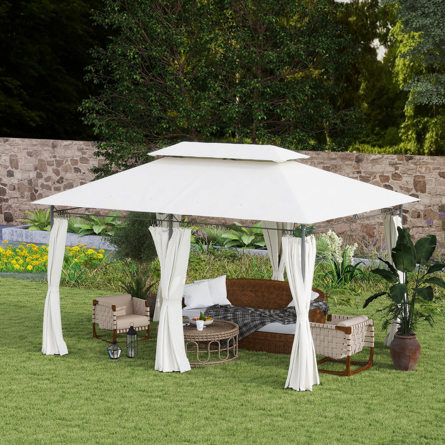 10' x 13' Double Roof Patio Gazebo, Outdoor Gazebo with Curtains, for Garden, Lawn, Backyard and Deck, Cream White
