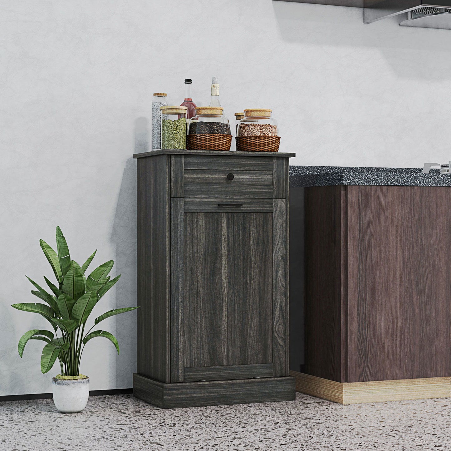 Kitchen Tilt Out Trash Bin Cabinet, Free Standing Recycling Cabinet, Trash Can Holder with Drawer, Charcoal Grey