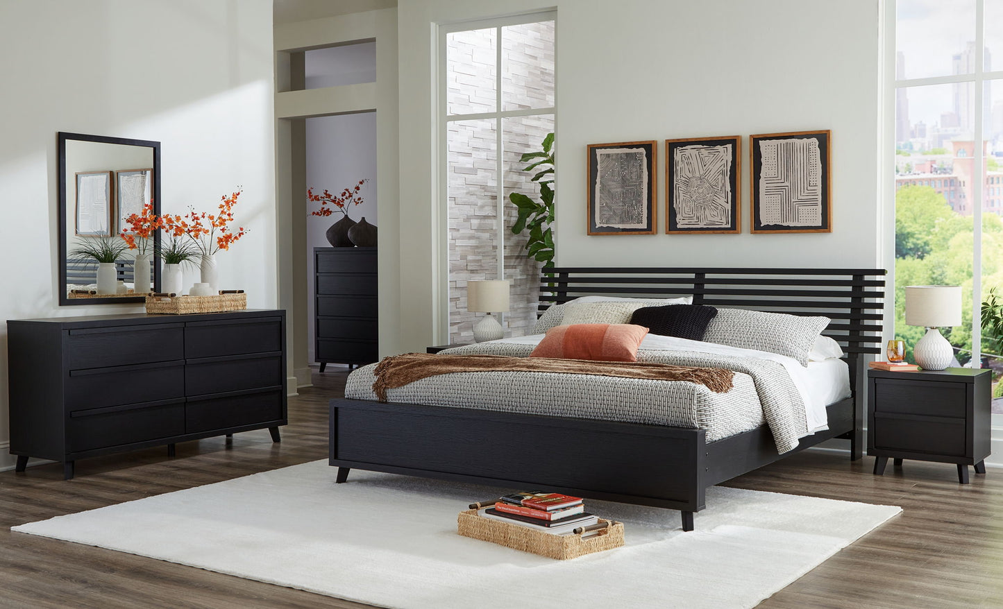 Danziar - 8 Pc. - Dresser, Mirror, King Slat Panel Bed, 2 Nightstands - Black