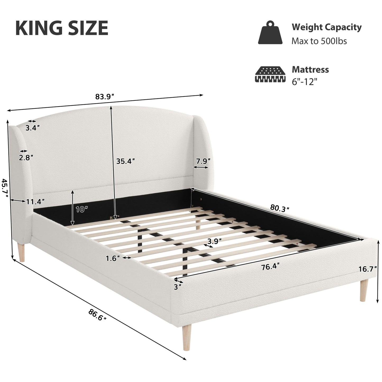King Size Bed Frame with Soft Boucle Wingback Headboard, Upholstered Platform Bed with Wood Slats, 86.5'' L x 84'' W x 45.5'' H, White