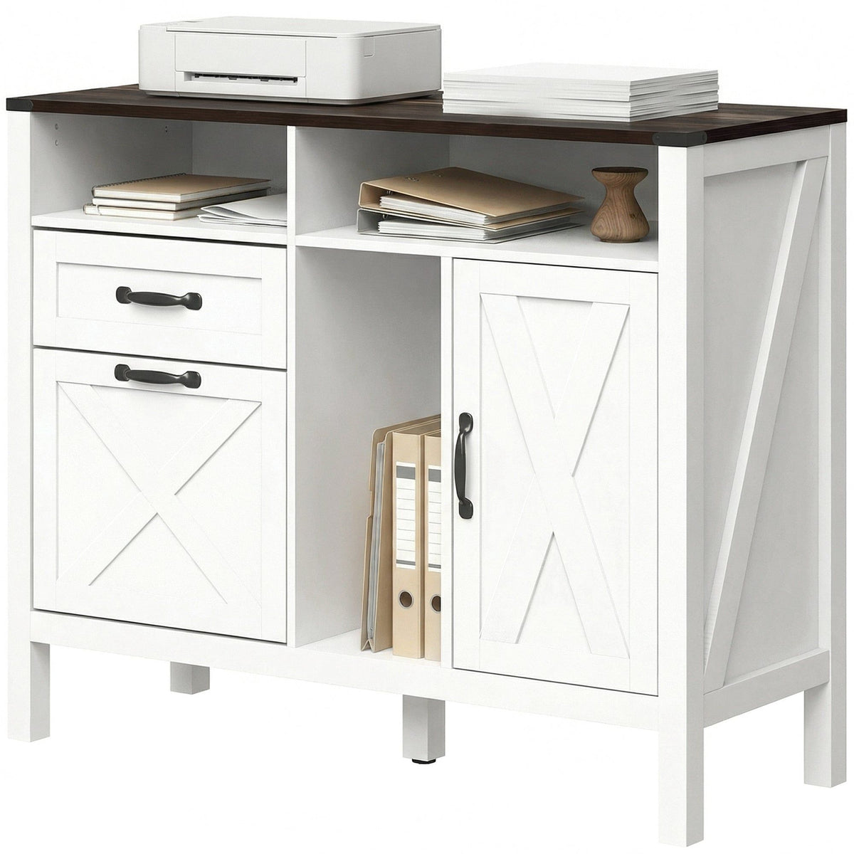 Lateral Filing Cabinet with Open Shelves - White