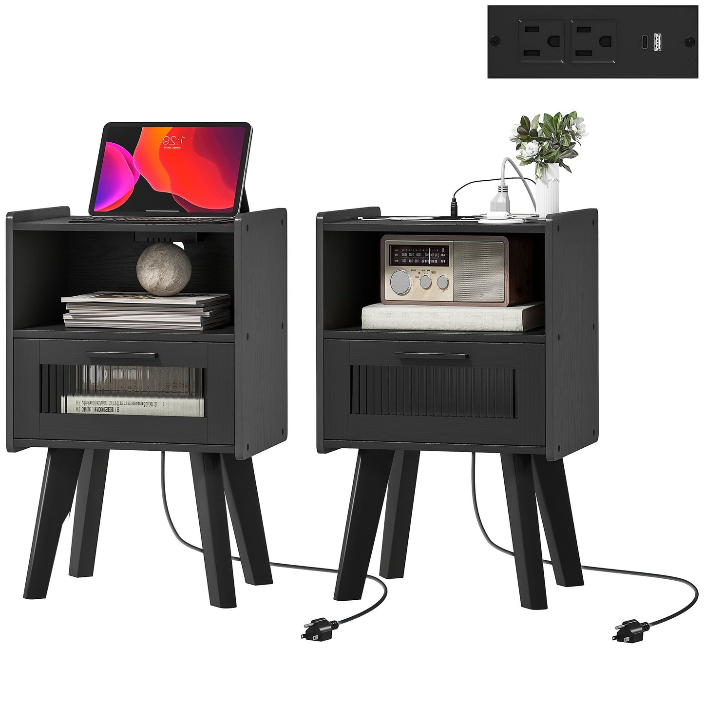 Modern NightStands Set of 2 with Charging Station, Storage, Glass Decorative Door for Bedroom, Living Room, Black