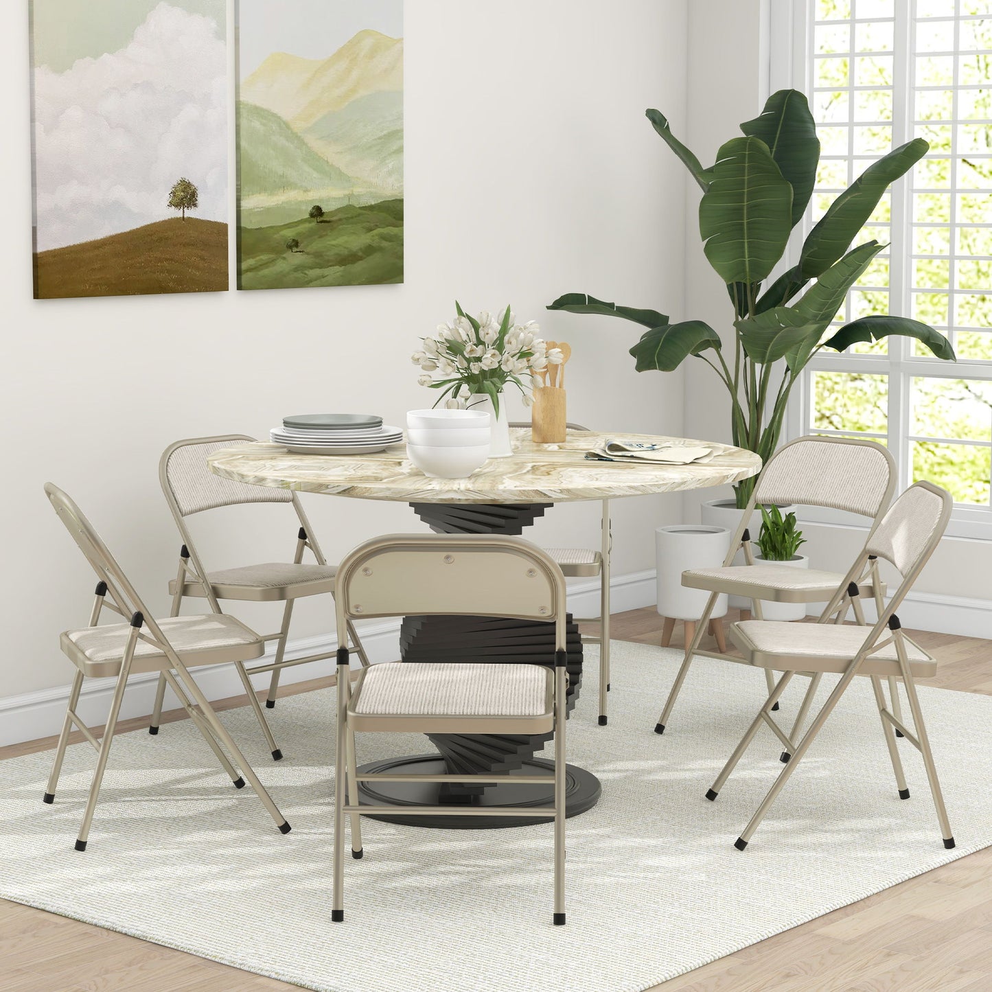 Set of 6 Metal Foldable Chairs, Faux Linen Padded Folding Chairs with Cushion Seat and Open Back for Indoor, Beige