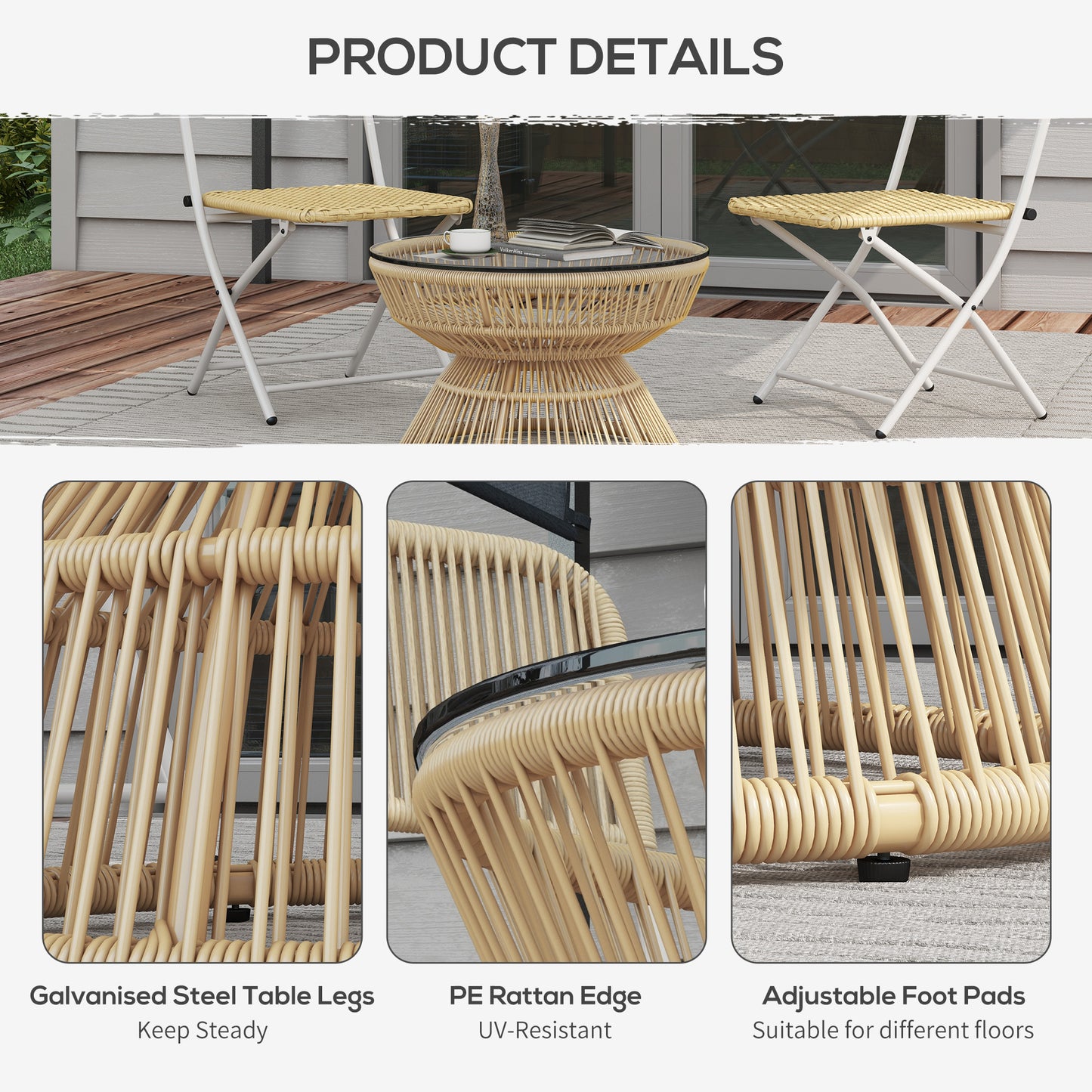 Rattan Outdoor Coffee Table, Patio End Table with Tempered Glass Tabletop & Steel Frame, Wicker Furniture, Nature Wood