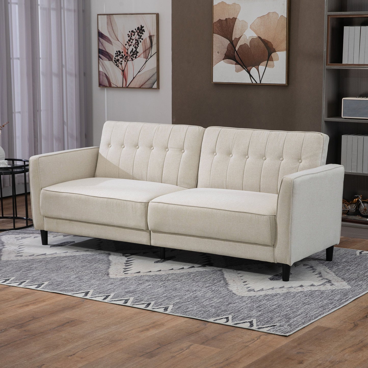 Convertible Bed with Couch, Button Tufted Fabric Sofa Bed with Adjustable Back for Living Room, Beige
