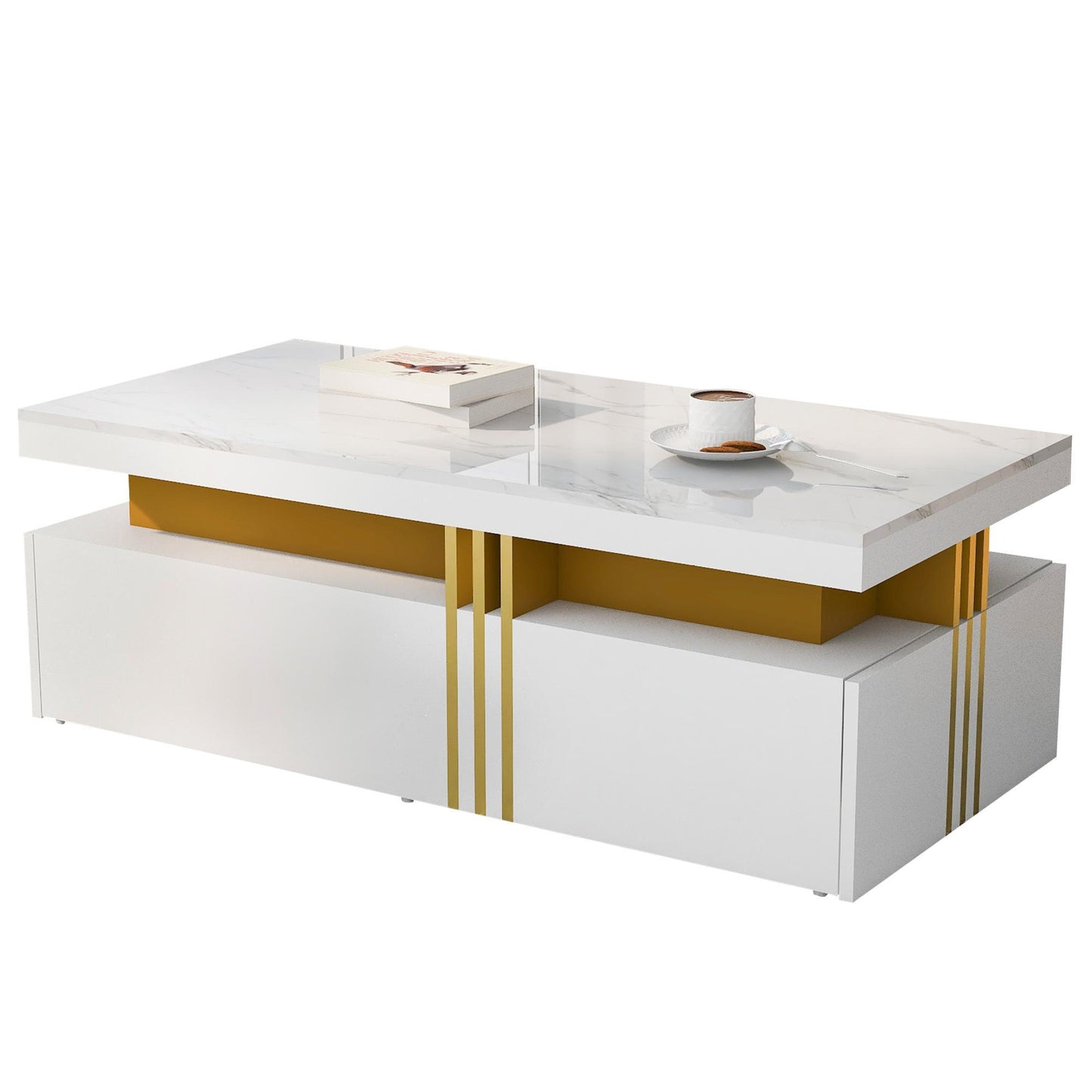 Minimalist Coffee Table with 2 Drawers and High-Gloss Finish, Multi-Use Side Table for Living Spaces, 39.5'' L x 19.5'' W x 15.5'' H, White