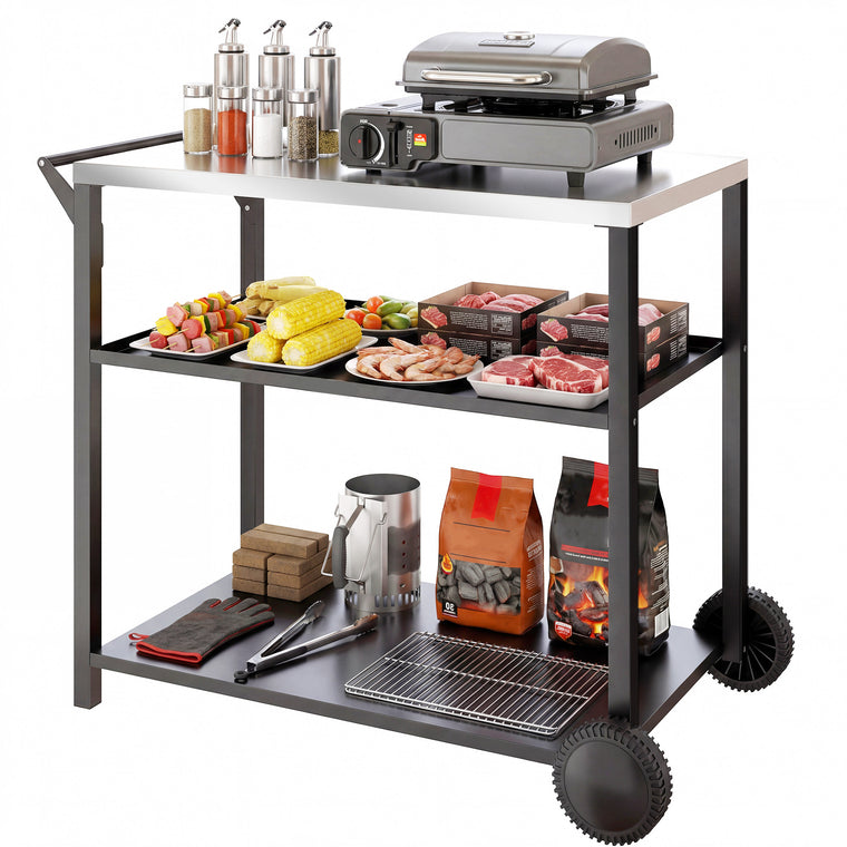 Black 3-Tier Grill Cart with Stainless Steel Tabletop