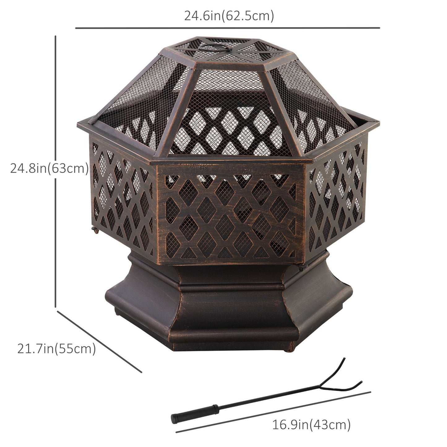 24.5" Outdoor Fire Pit with Mesh Lid, Portable Wood Burning Firebowl with Poker for Patio, Backyard, Bronze