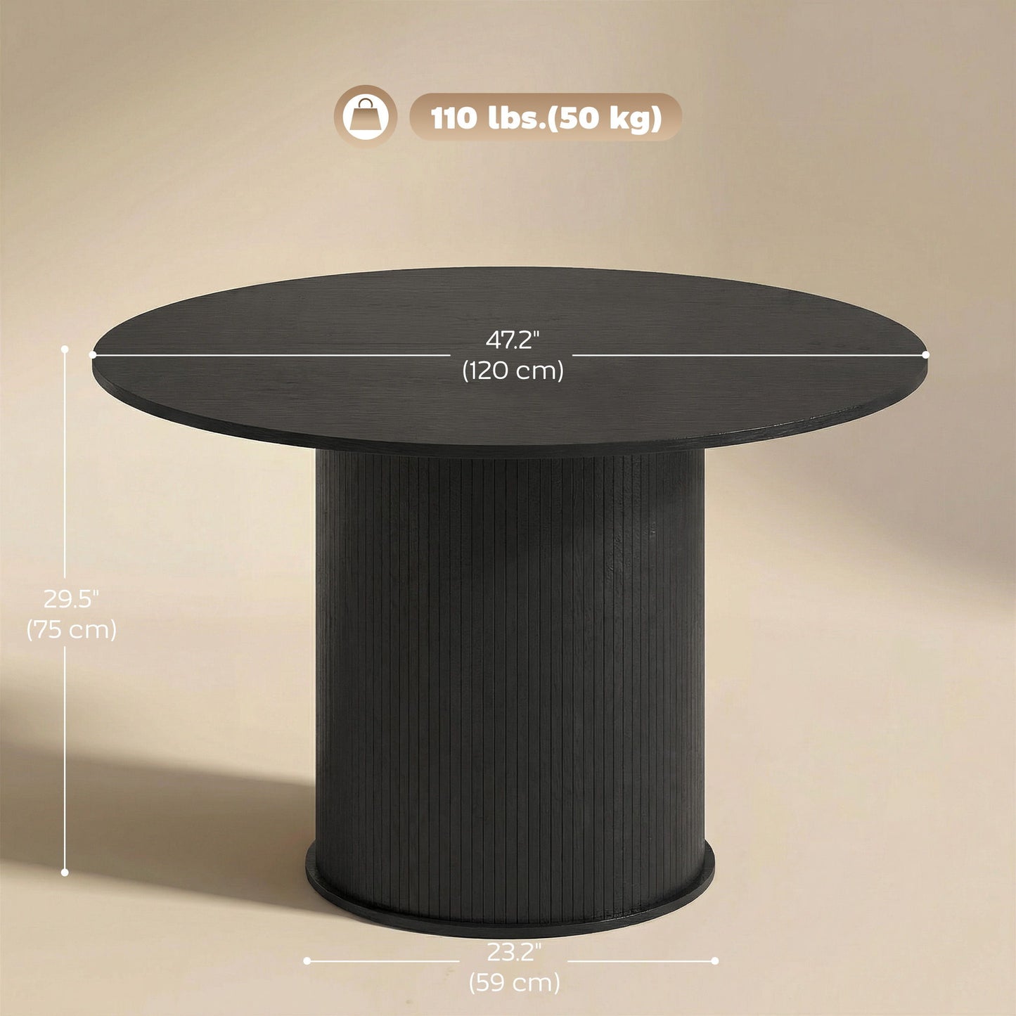 Round Dining Table for 5, 47 Inch Kitchen Table with Fluted Pedestal Base, for Kitchen Living Room Dining Room, Black