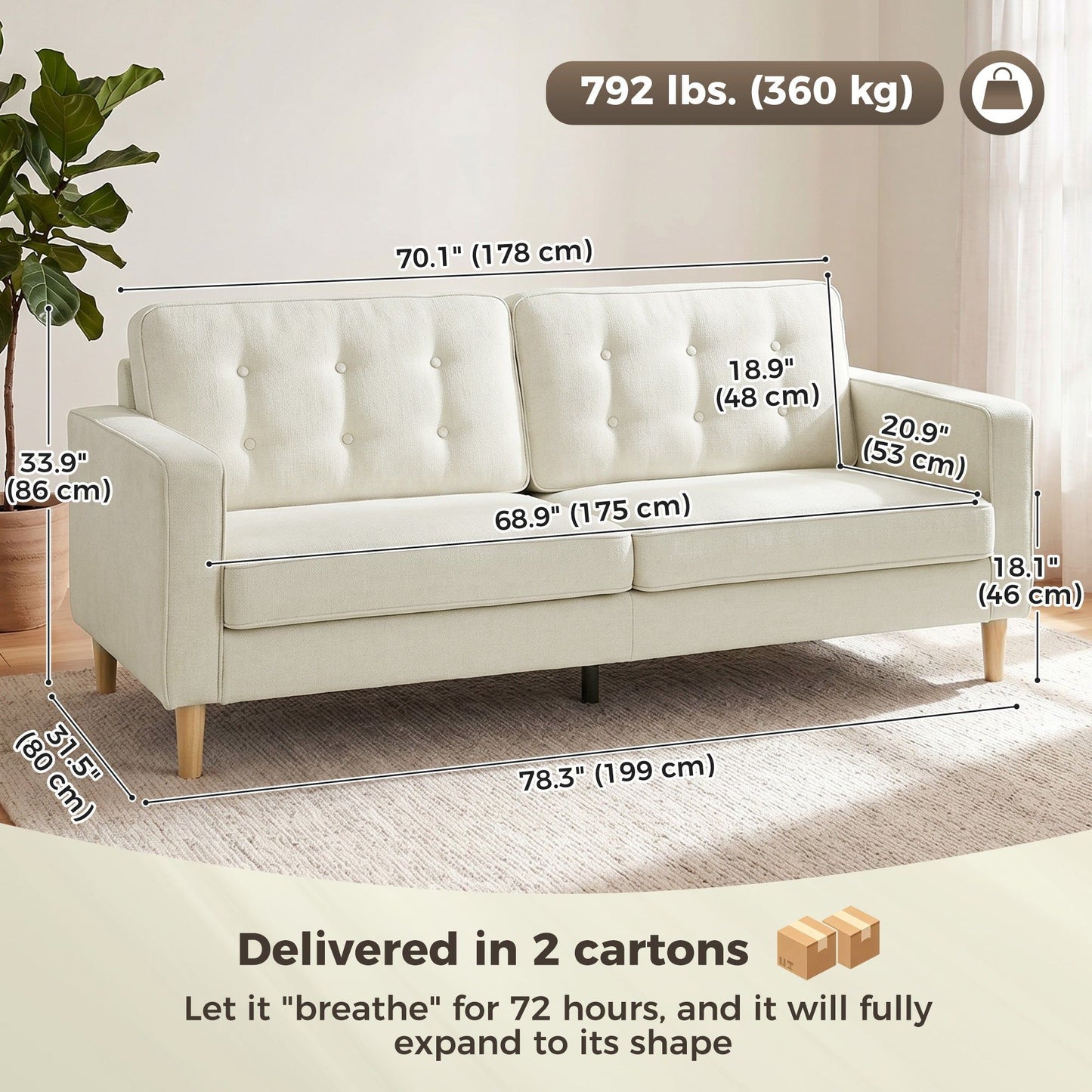 3-Seater Button-Tufted Sofa with Wood Legs - Cream White
