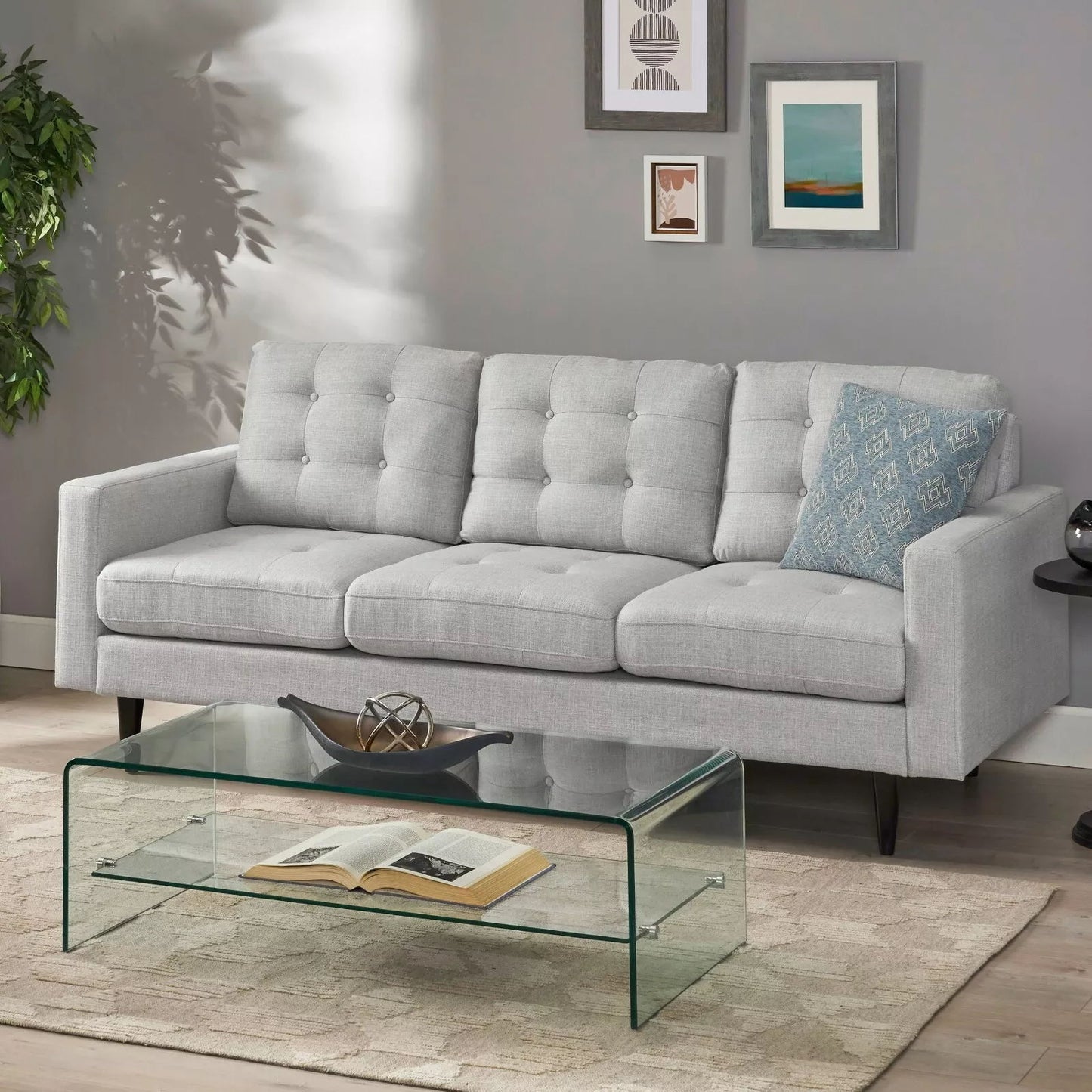 3-Seater Sofa with Button Tufted Waffle Stitch and Rubberwood Legs, for Bedroom or Livingroom, Grey