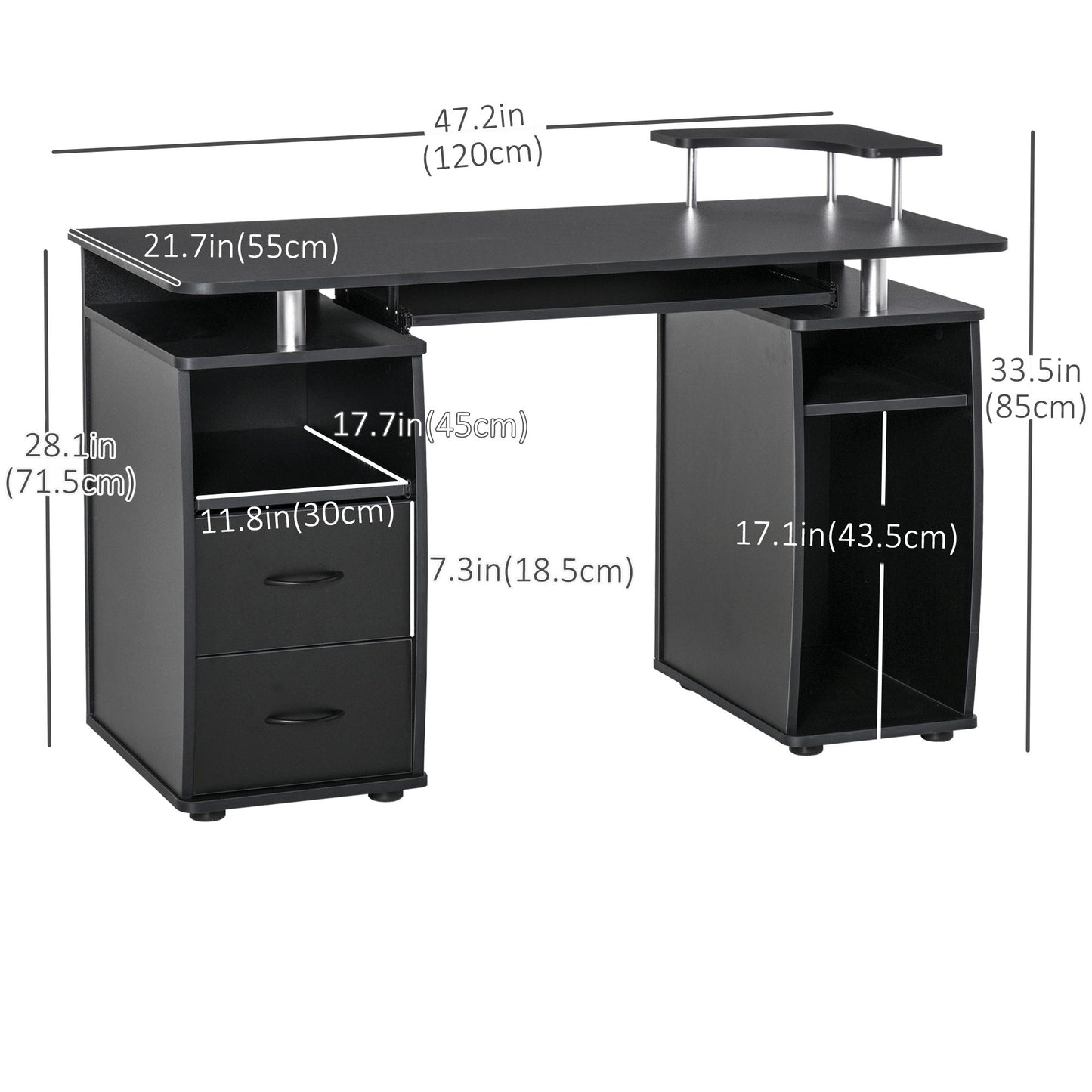 Computer Desk with Keyboard Tray, CPU Stand, Writing Desk with Drawers, Workstation for Home Office, Black