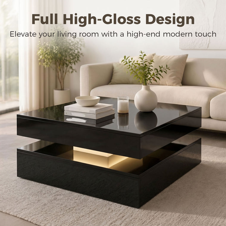 2-Tier LED Coffee Table with Open Shelf and Remote