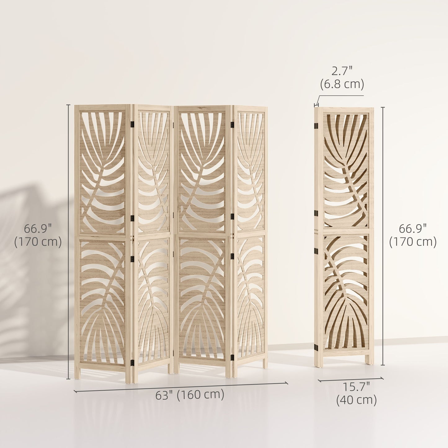 4 Panel Room Divider, Detachable Folding Privacy Screens with Palm Leaf Design for Home Office, Natural Wood Finish