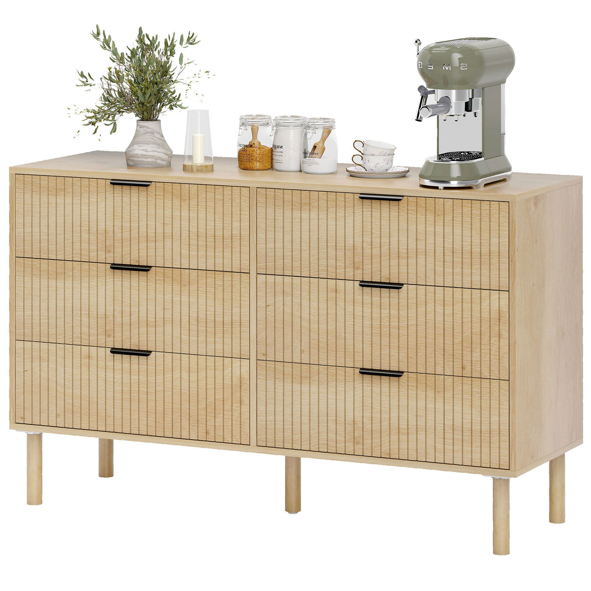 Bedroom Chest of Drawers, 6 Drawer Dresser with Fluted Panels and Solid Wood Legs, Storage Cabinet for Living Room, Oak