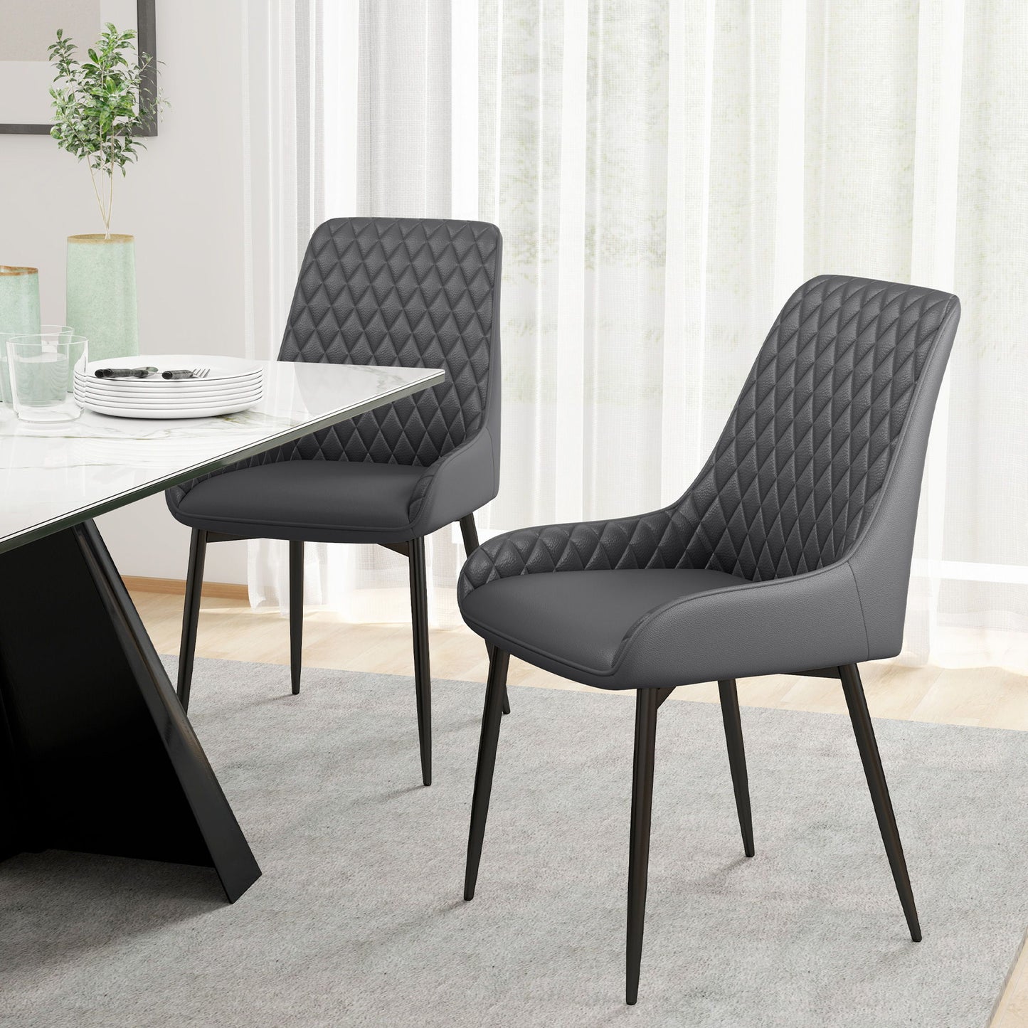 Upholstered Kitchen Chairs, Modern Dining Chairs Set of 2 with Diamond Tufting and Steel Legs for Dining Room, Grey