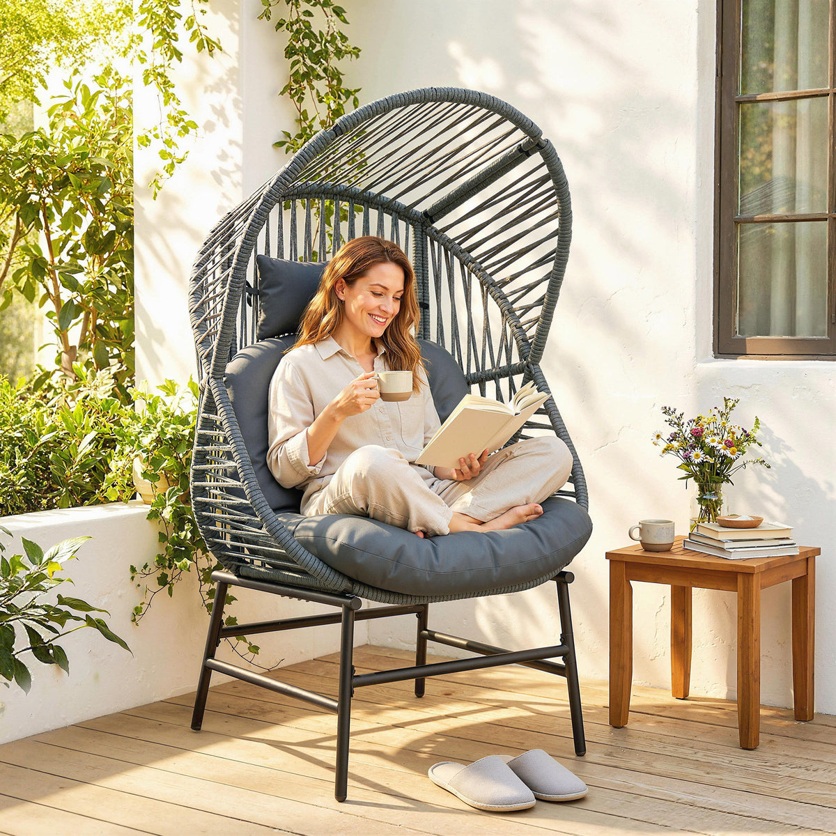 Wicker Egg Chair, 330 lbs Outdoor Rattan Lounge Chair with Thick Cushion, Headrest, Steel Frame, Dark Grey