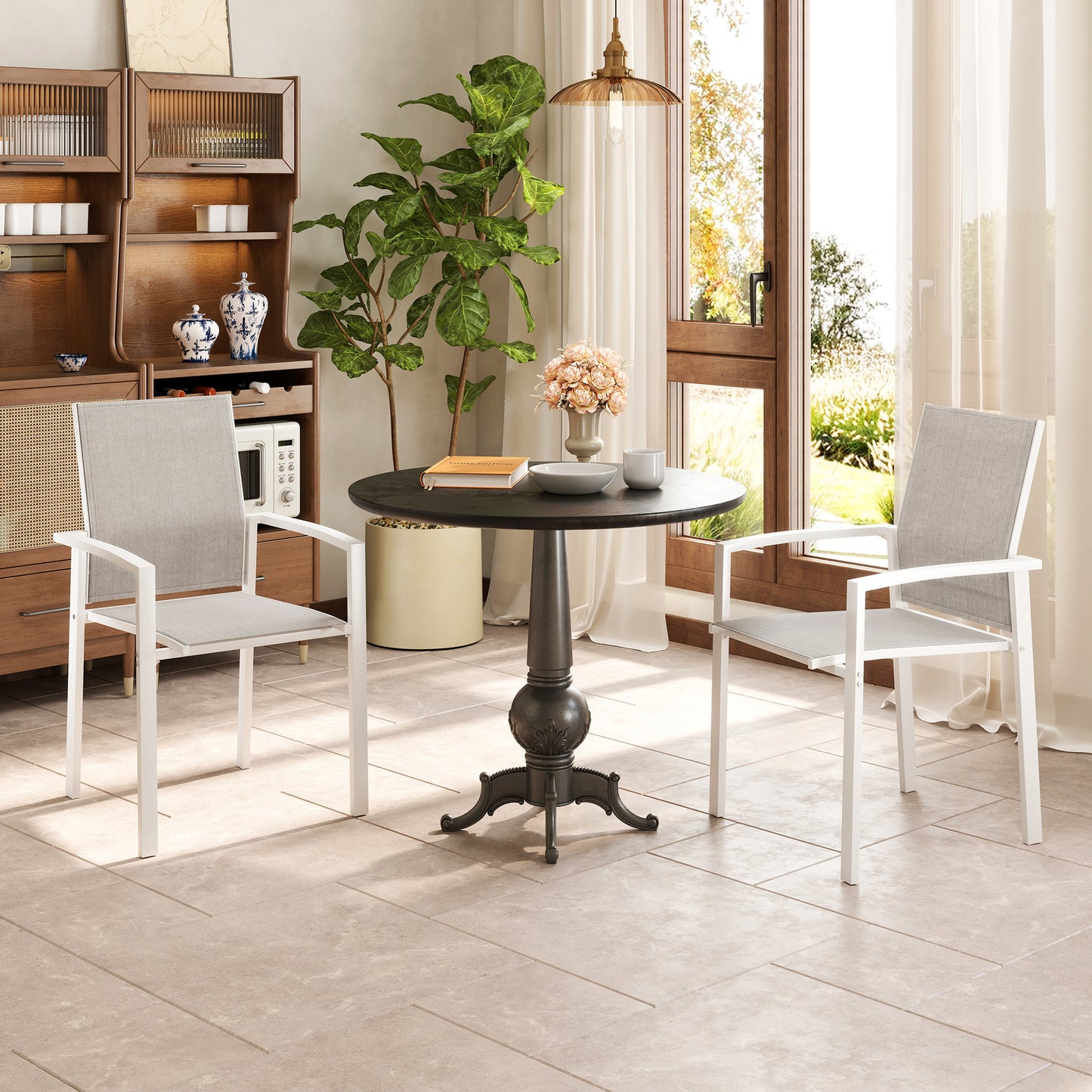 Set of 2 Outdoor Garden Chairs, Stackable Patio Dining Chairs with Breathable Fabric, Armrests and Backrest, Light Grey