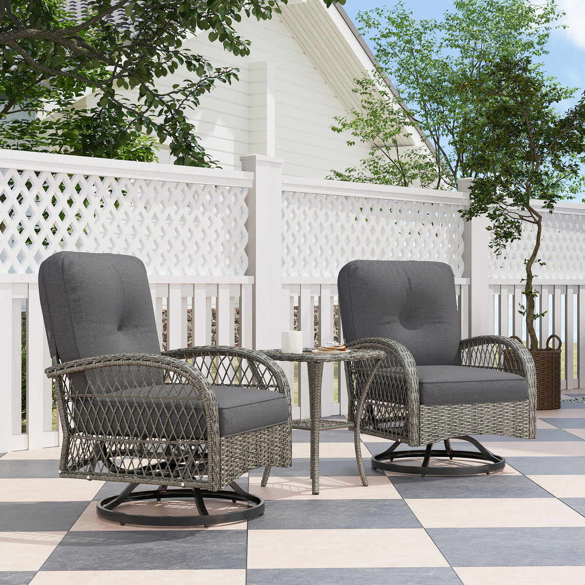 Wicker Balcony Furniture with 2 Swivel Rocking Chairs and 2-Tier Glass Coffee Table, 3 Piece Patio Set for Porch, Grey