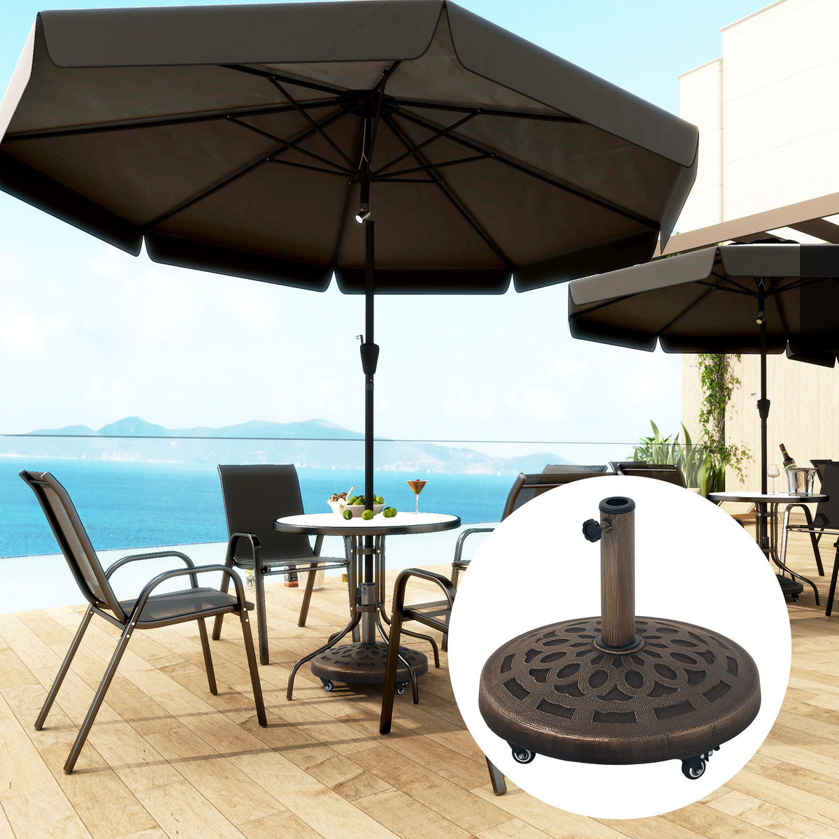 46lbs Resin Round Patio Umbrella Base with Wheels, Umbrella Stand Base, Heavy Duty Patio Umbrella Holder for 1.3"/1.5"/1.9" Poles for Outdoor, Lawn, Poolside, Bronze