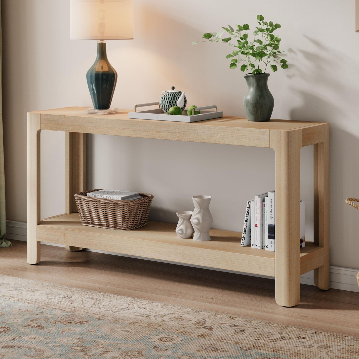 Elegant Farmhouse Console Table with Knot-Free Pine Legs, Accent Sofa Table with Solid Wood Veneer Top, 59" L x 15.5" W x 30" H, Natural
