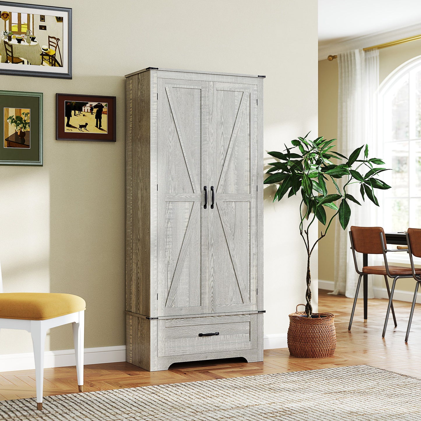 72" Farmhouse Pantry Cabinet with Adjustable Shelves, Kitchen Pantry Cabinet with 2 Doors, Distressed Light Grey
