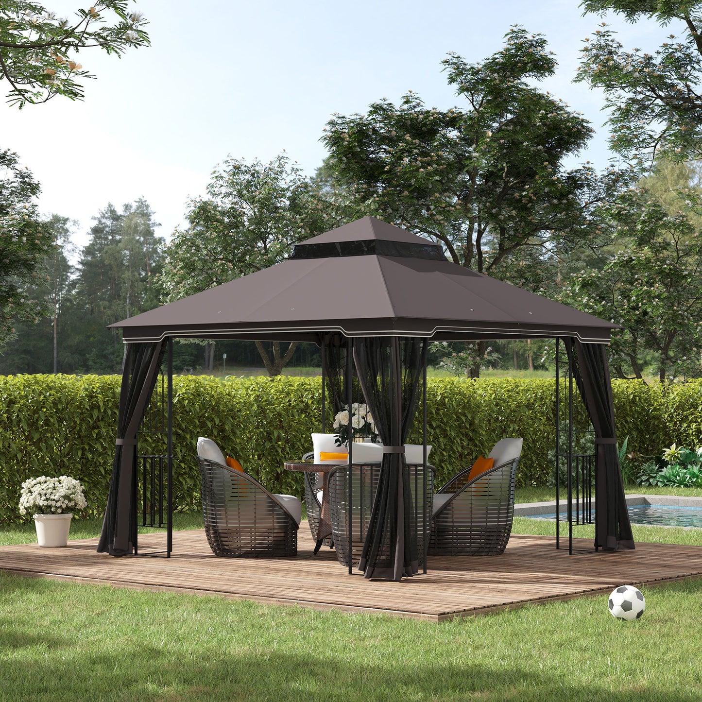 10'x10' Soft-top Patio Gazebo with Double Tier Roof, Mesh Curtains, Display Shelves, Top Hooks, Coffee