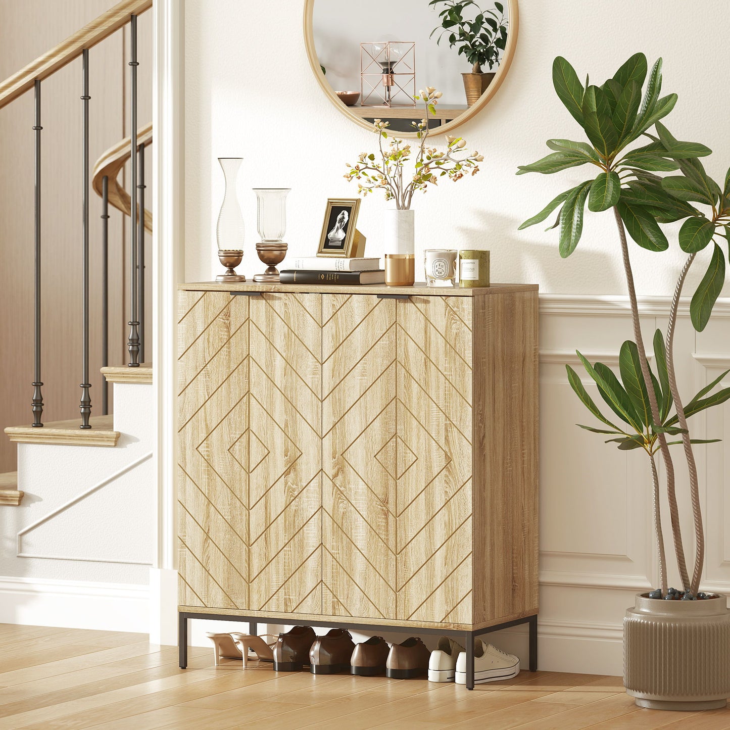 Shoe Storage Cabinet for 15 Pairs, Freestanding Shoe Cabinet with Doors and Adjustable Shelves for Hallway, Oak