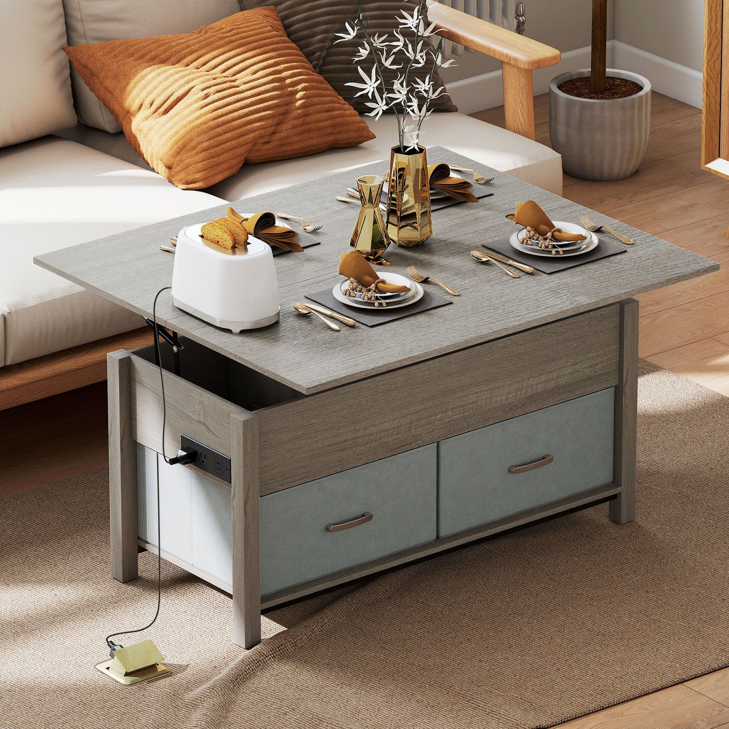 Lift Top Coffee Table, Center Table with 3 Hidden Compartments, 2 Fabric Drawers, Expandable Top and Charging Station
