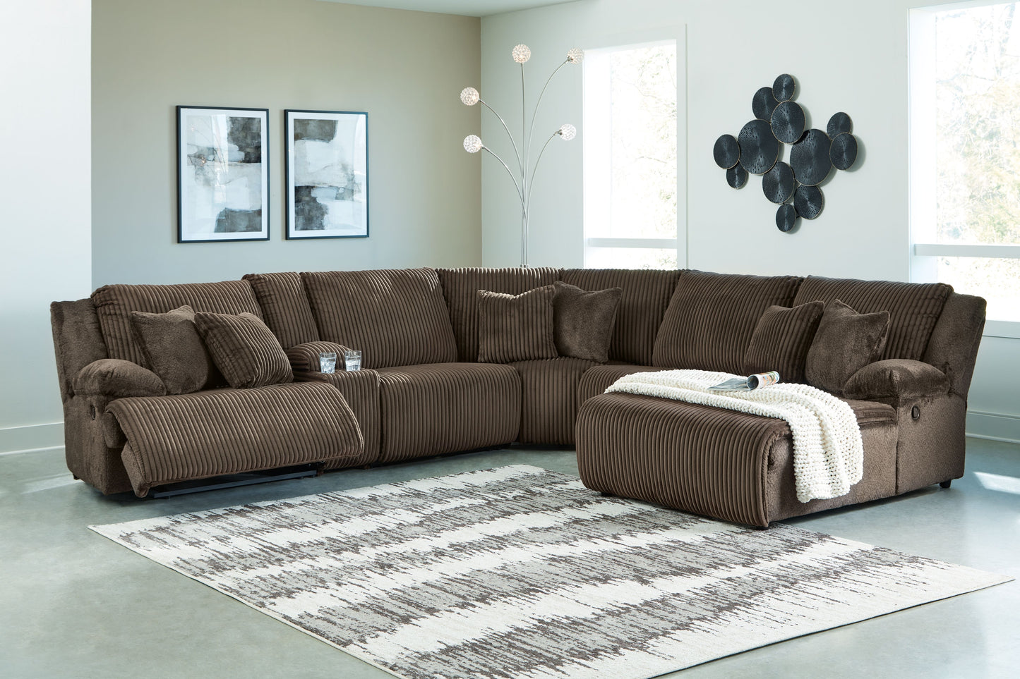 Top Tier - Chocolate - 6-Piece Reclining Sectional With Raf Press Back Chaise - Fabric