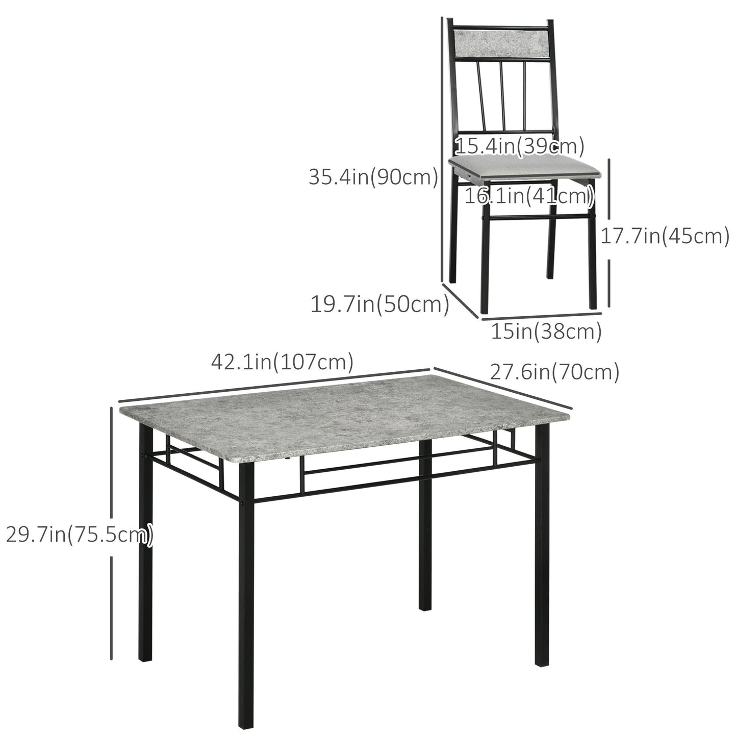 5 Pieces Diner Tables Dining Room Sets for 4 People with Marble Effect Tabletop Padded Chairs and Metal Frame Grey