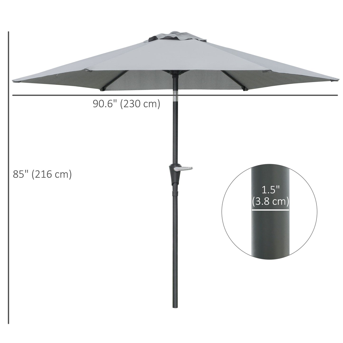 Patio Sun Umbrella, Outdoor Parasol with 6 Ribs, Light Grey