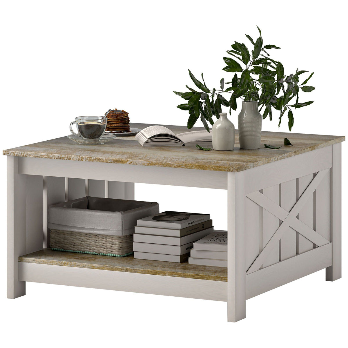 31.5" Square Farmhouse 2-Tier Coffee Table - Distressed Oak