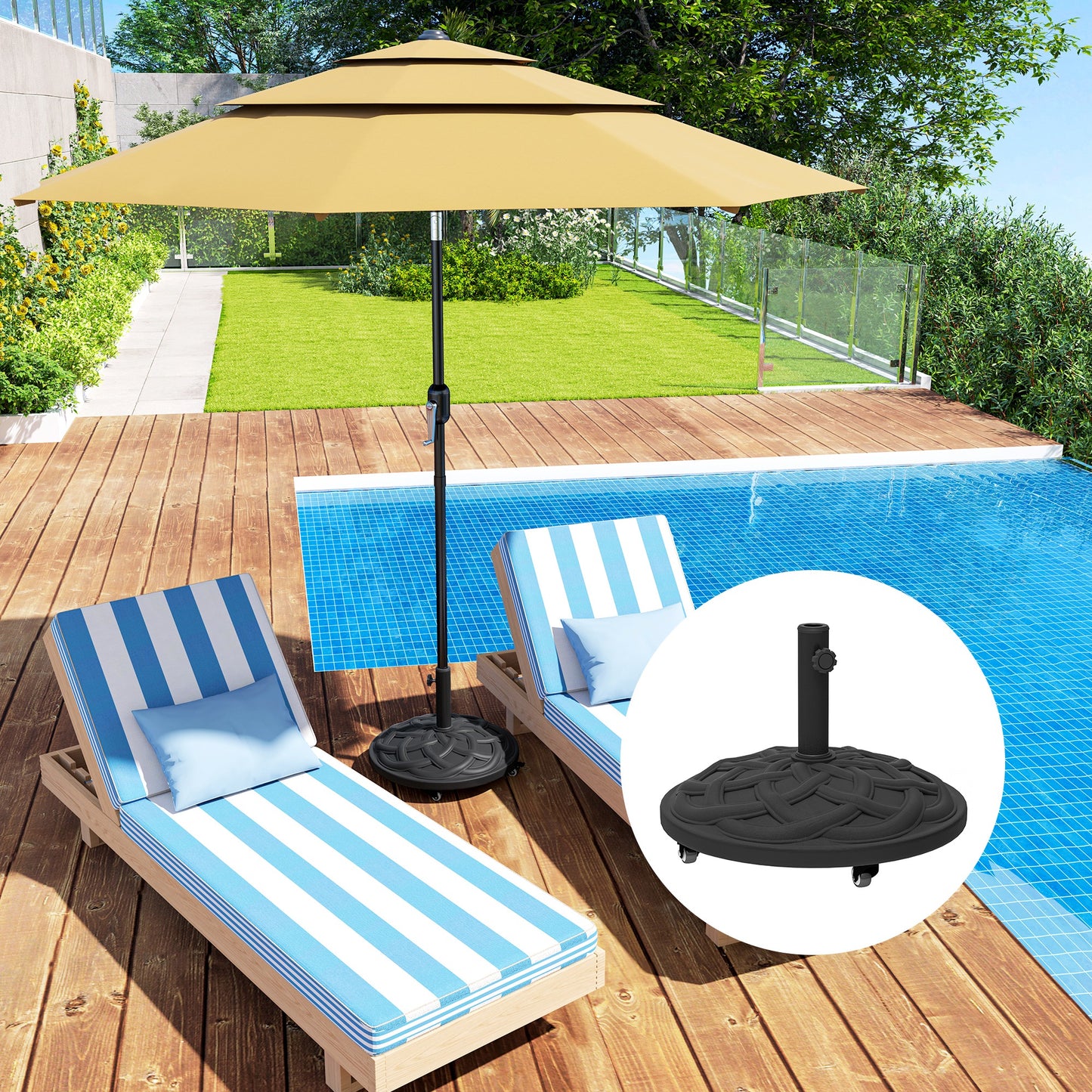Round Patio Umbrella Base with Wheels, 44 lbs Resin Umbrella Stand Base, 1.3"/1.5"/1.9" Umbrella Poles Black