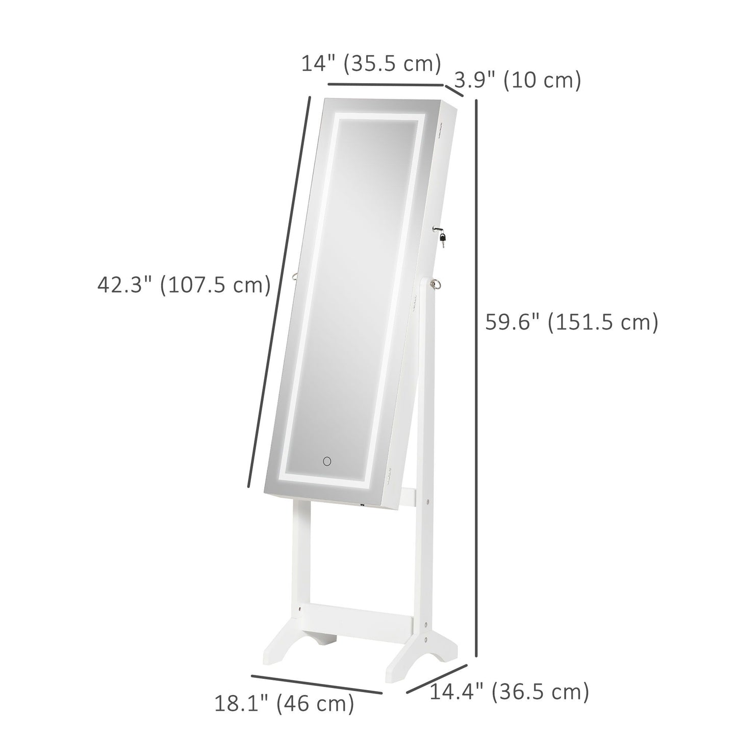 Lockable Jewelry Armoire with LED Light, Standing Mirror with Storage for Bedroom Dressing Room, White