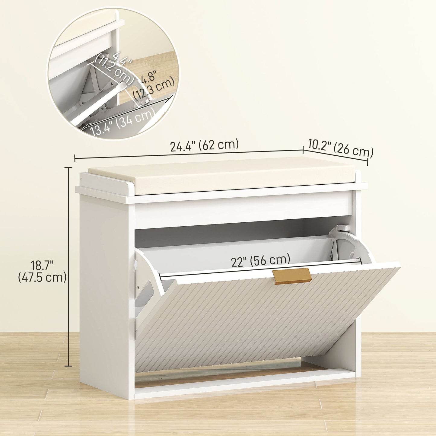 Entryway Bench with Padded Seat and Flip-Drawers, Holds up to 265lbs, Shoe Storage Bench for 6 Pairs of Shoes, White