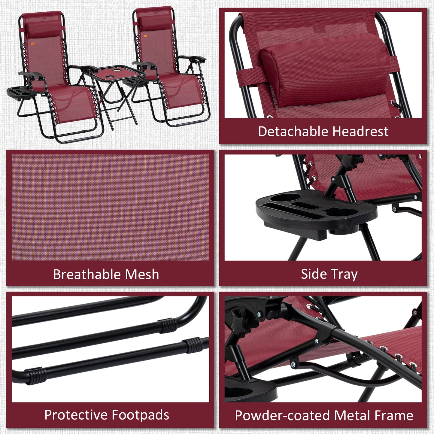 Zero Gravity Chair Set of 2 Patio Chair with Side Table Cupholders and Pillows for Pool, Backyard, Lawn, Beach, Red