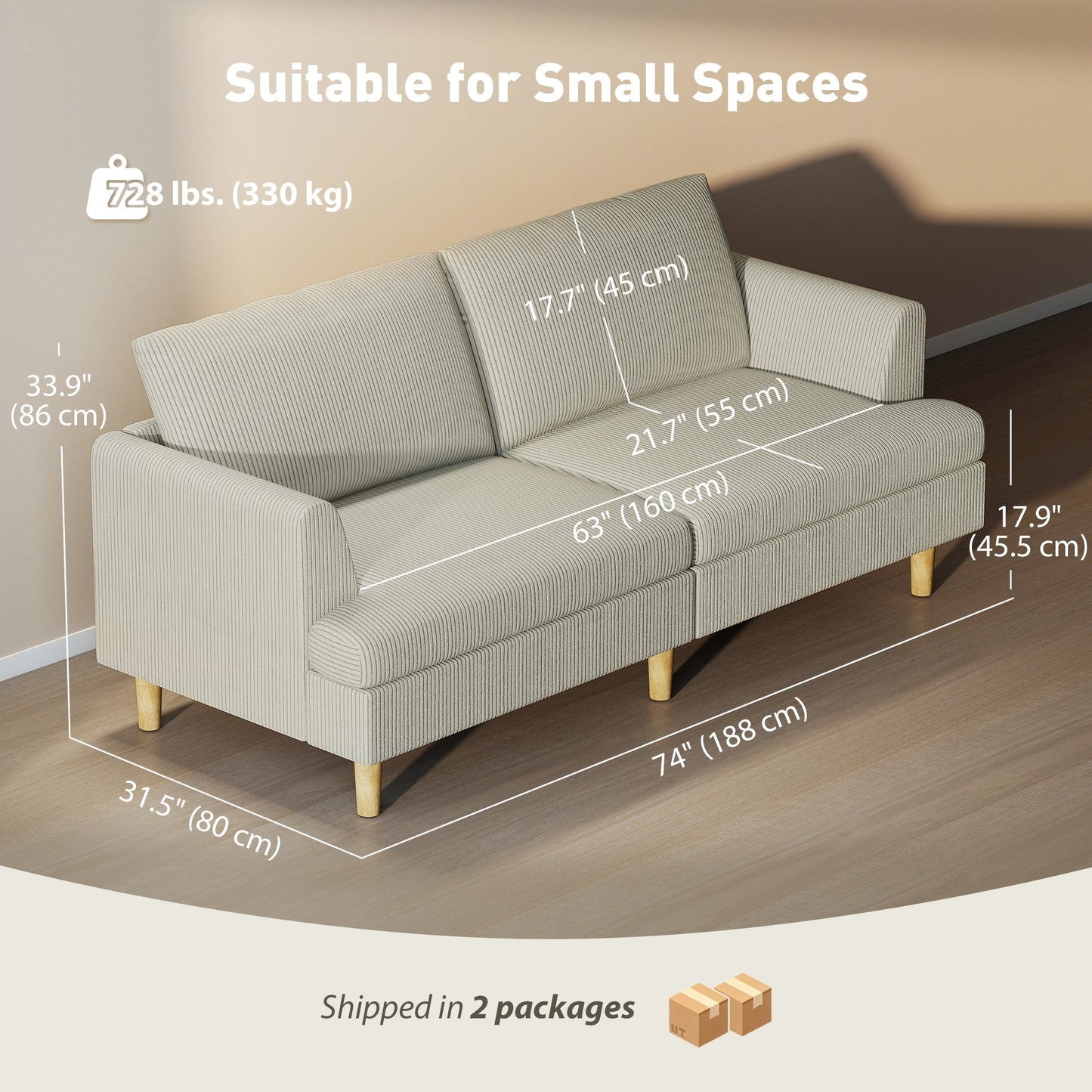 74" 3-Seater Corduroy Sofa with Spring Cushions - Beige
