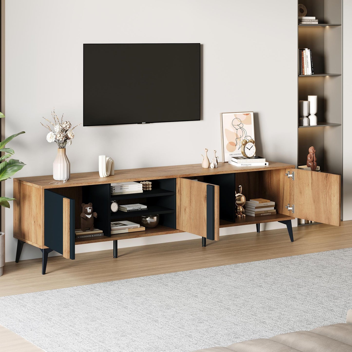 Modern TV Stand with 3 Doors and 3-Tier Open Shelving, Spacious TV Entertainment Center for Living Room, 70.5" L x 15.5" W x 19.5" H, Wood