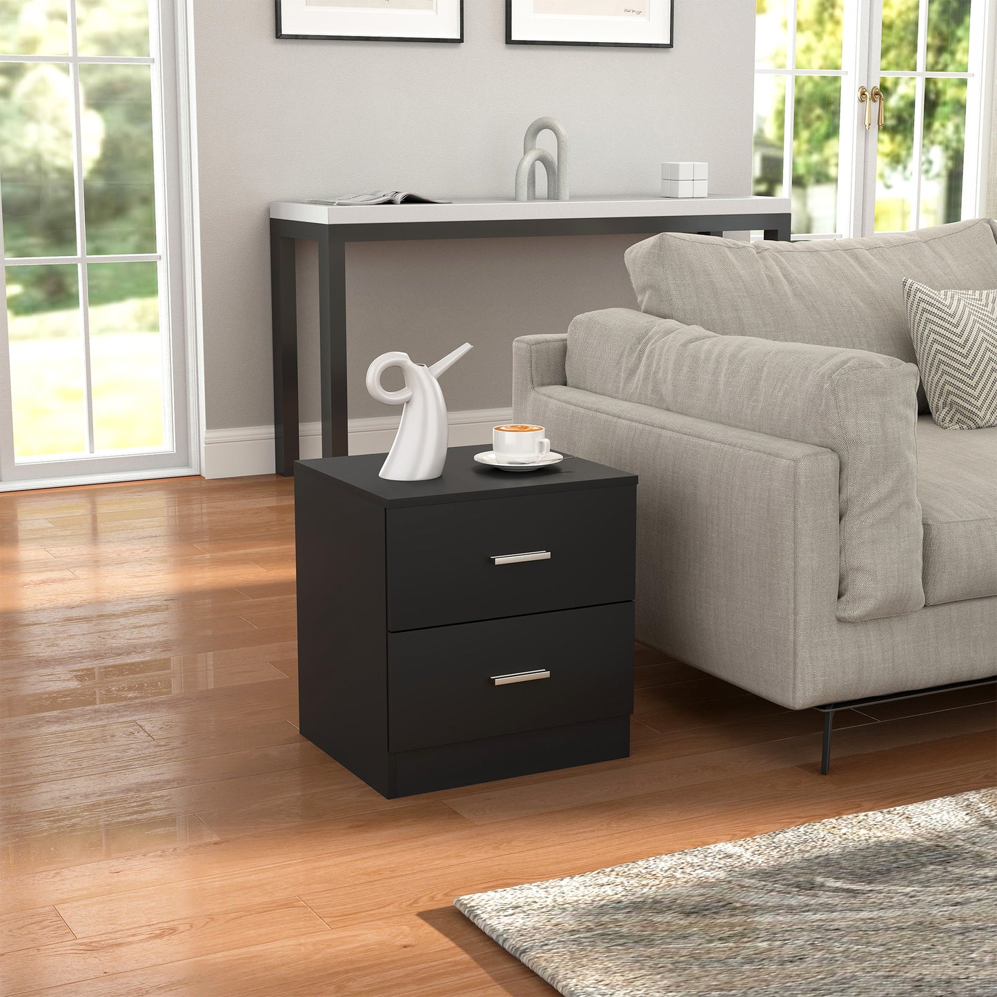 Bedside Table with 2 Drawers, Modern Nightstand for Bedroom, Black
