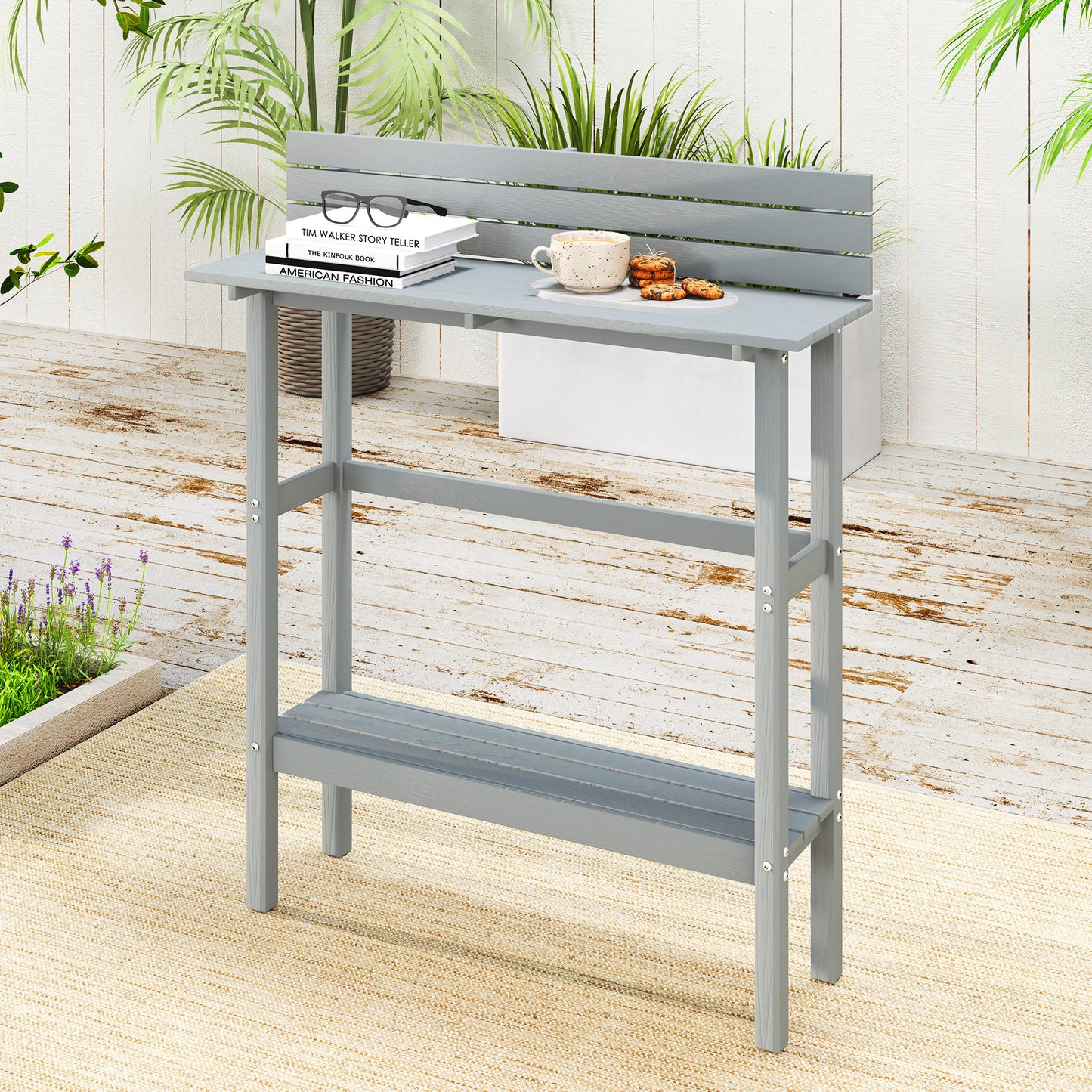 110cm Rectangle Outdoor Bar Table with Built-in Footrest, Slatted Top, Grey