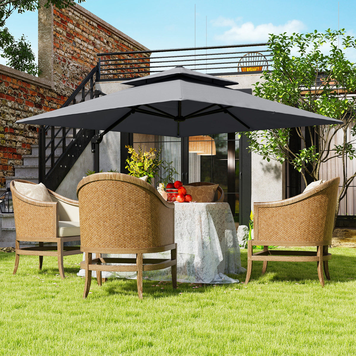 10' x 10' Cantilever Patio Umbrella, Double Top Square Offset Umbrella with 360° Rotation, Light Grey